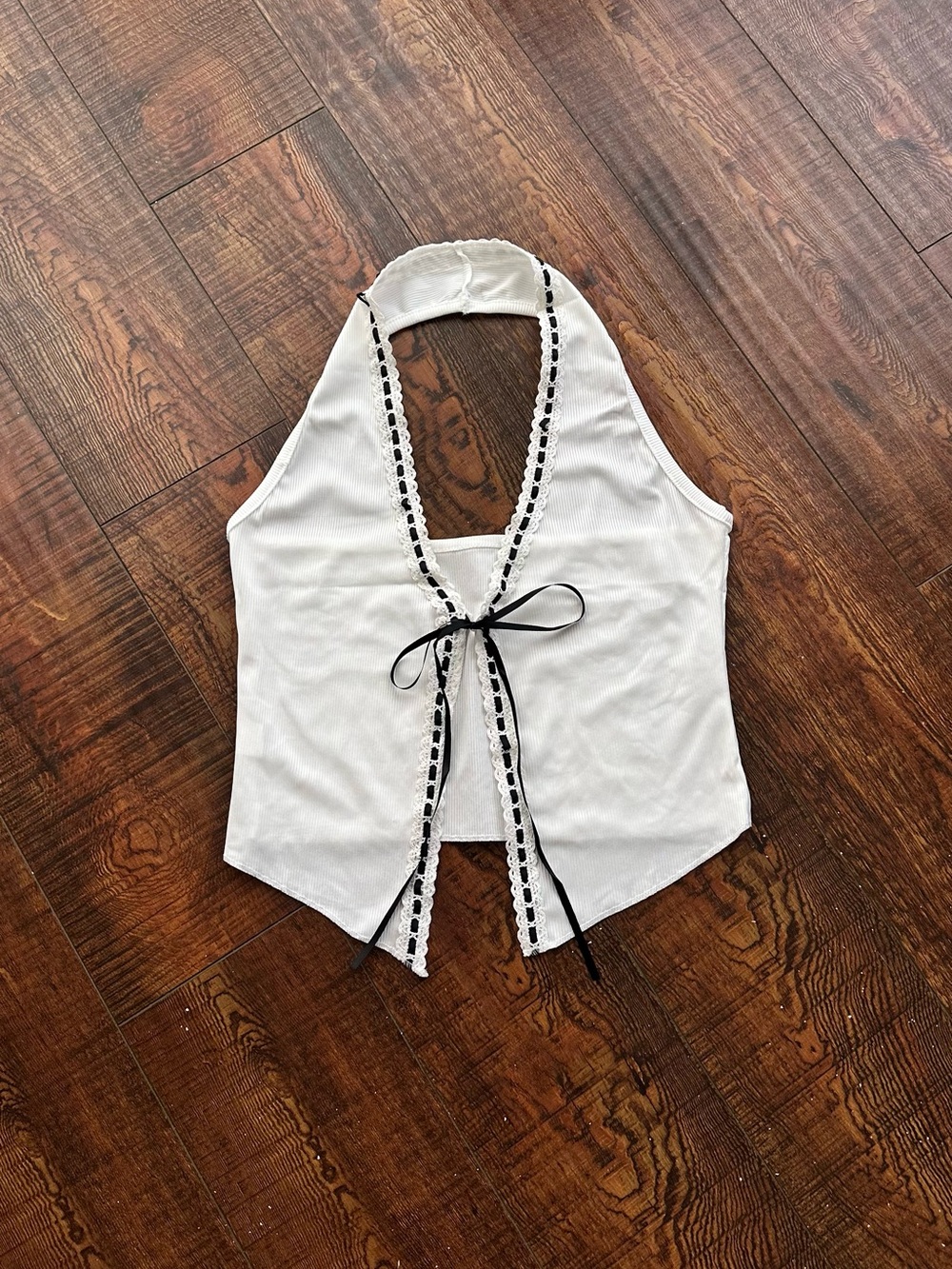 REVOLVE White Lace-Trim Tie-Front Halter Camisole with Black Ribbon